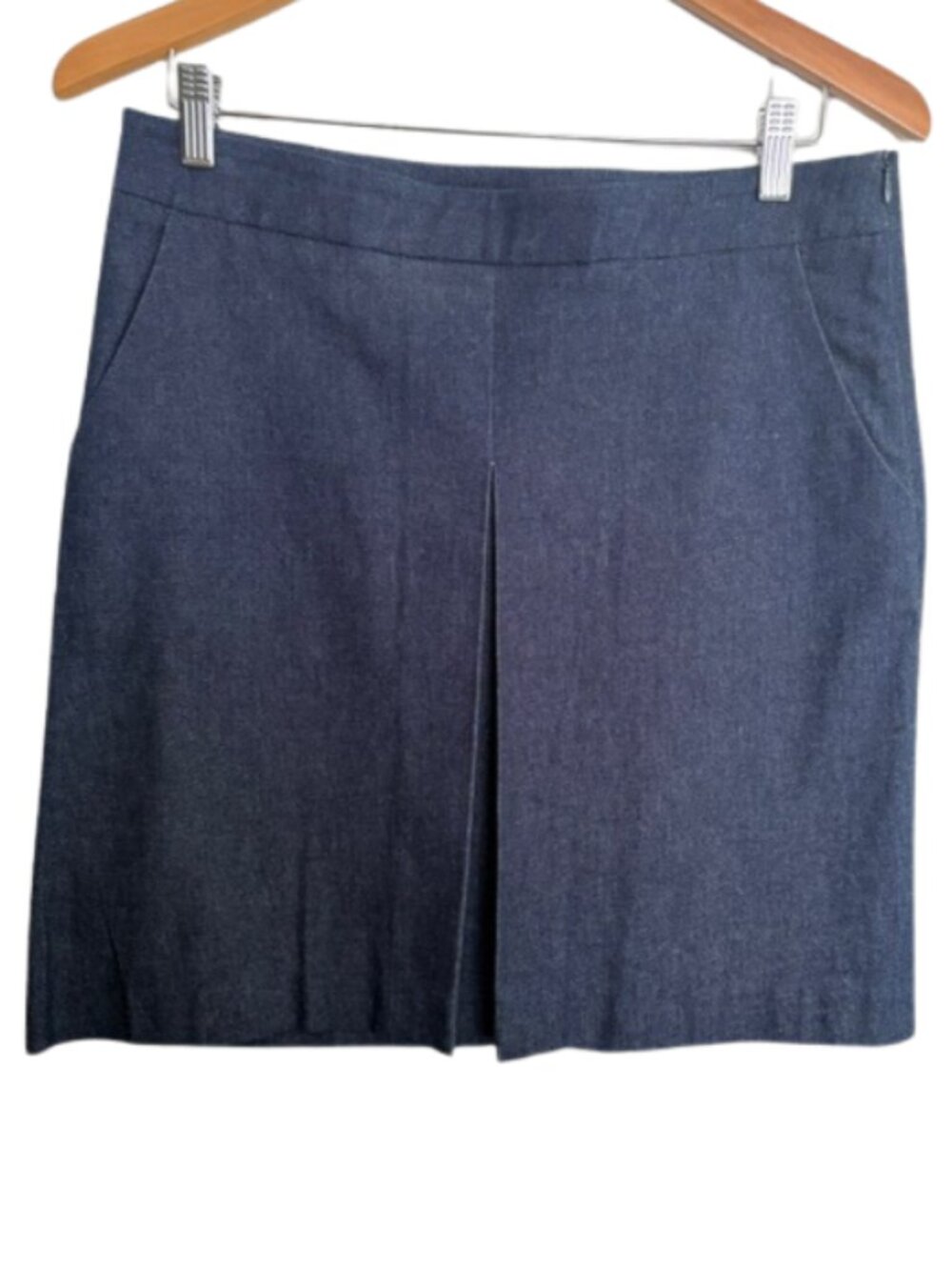 NEW French Connection Dark Wash Stretch Denim Skirt Front Pleat Size 10